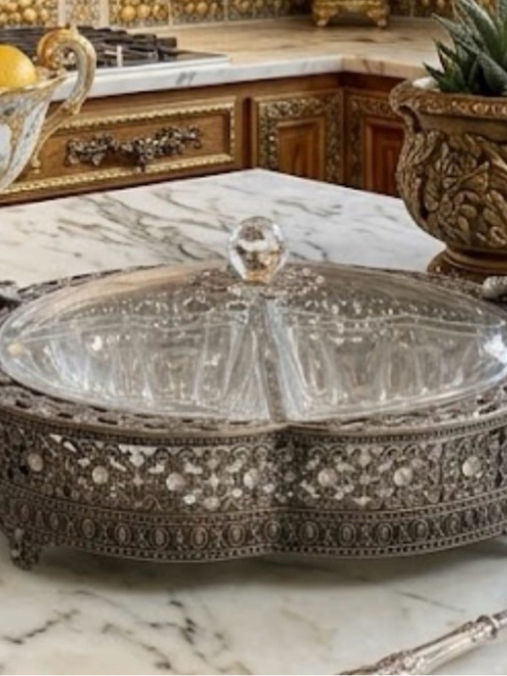 MCM Ornate Hors d'oeuvres Silver Metal Plated Plastic Lid\Inserts Serving Dish